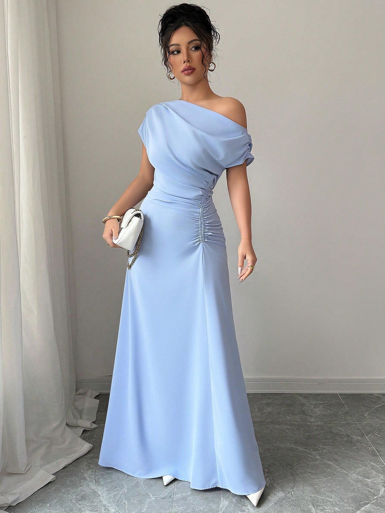 Elenzga Women'S Solid Color Elegant Ruched Waist Asymmetrical Neck Dress