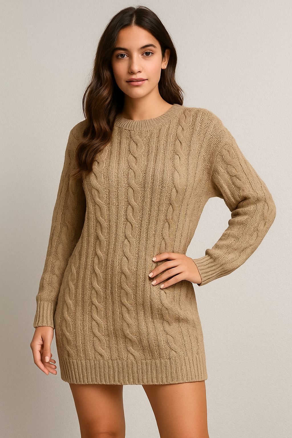 Womens Sweater Dress Crewneck Long Sleeve Cable Knitted Dress Casual Loose Knit Mini Dress Khaki