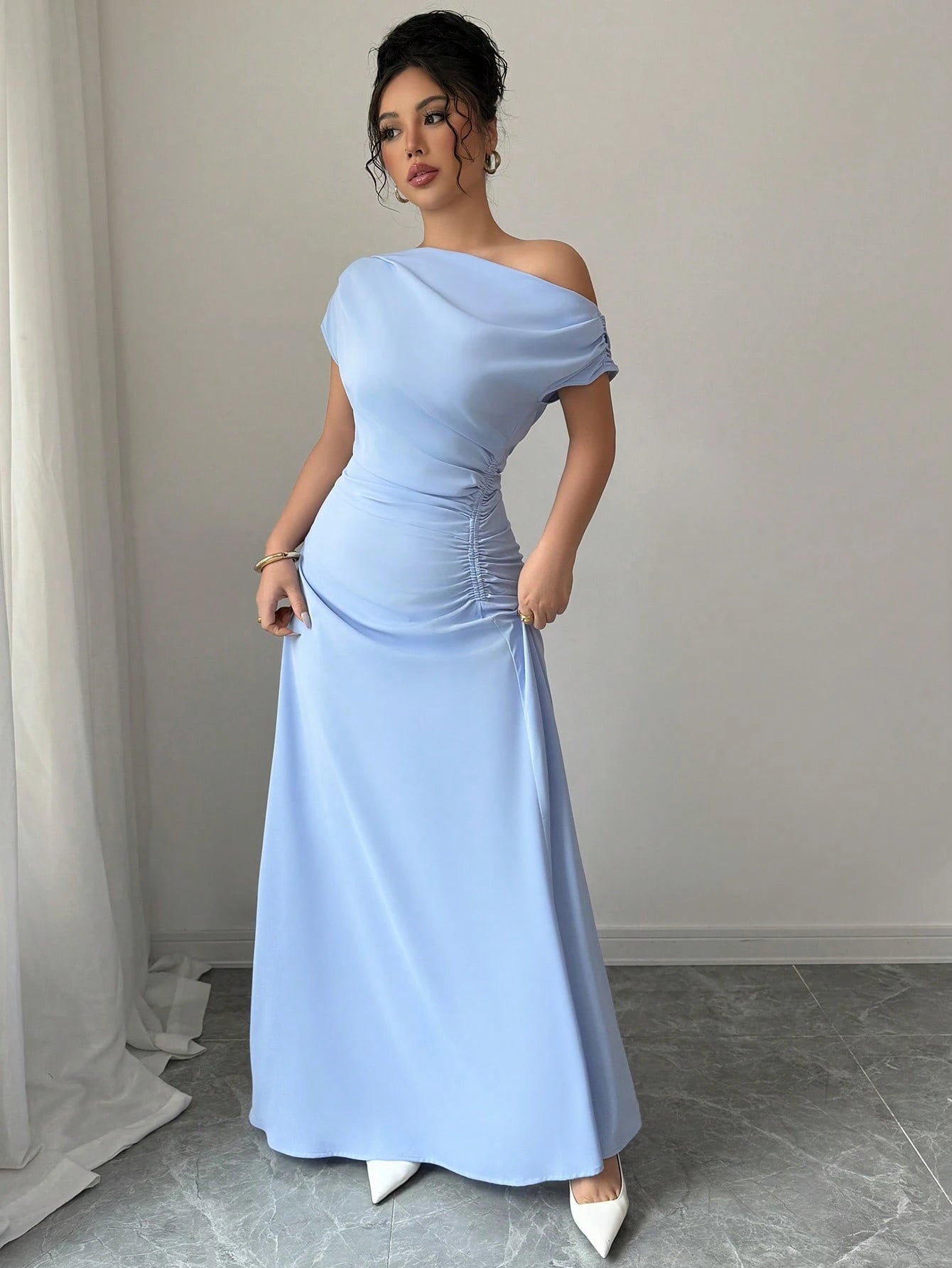 Elenzga Women'S Solid Color Elegant Ruched Waist Asymmetrical Neck Dress