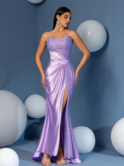 Taffeta Overlay Sequin Split Thigh Sheath Evening Woman Dress for Dinner and Parties, Party Dress Wedding Guest Dress Formal Dress