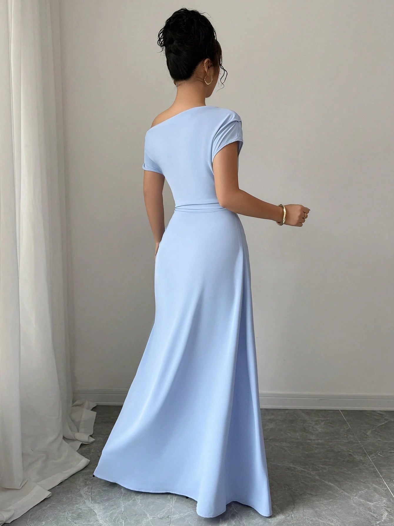 Elenzga Women'S Solid Color Elegant Ruched Waist Asymmetrical Neck Dress