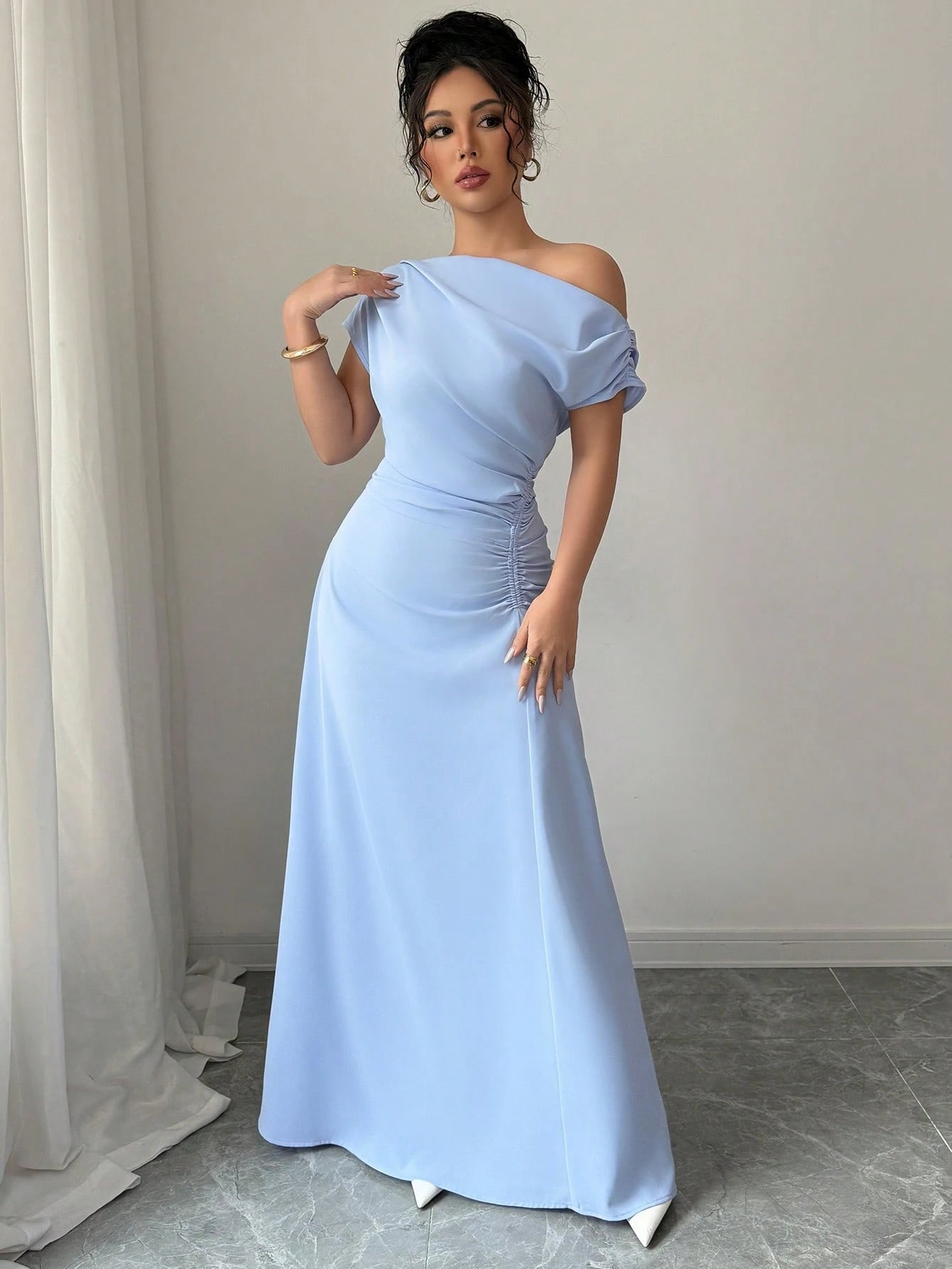 Elenzga Women'S Solid Color Elegant Ruched Waist Asymmetrical Neck Dress