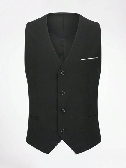 CLOUDSTYLE Men Flap Detail Blazer & Vest & Pants Suit Set