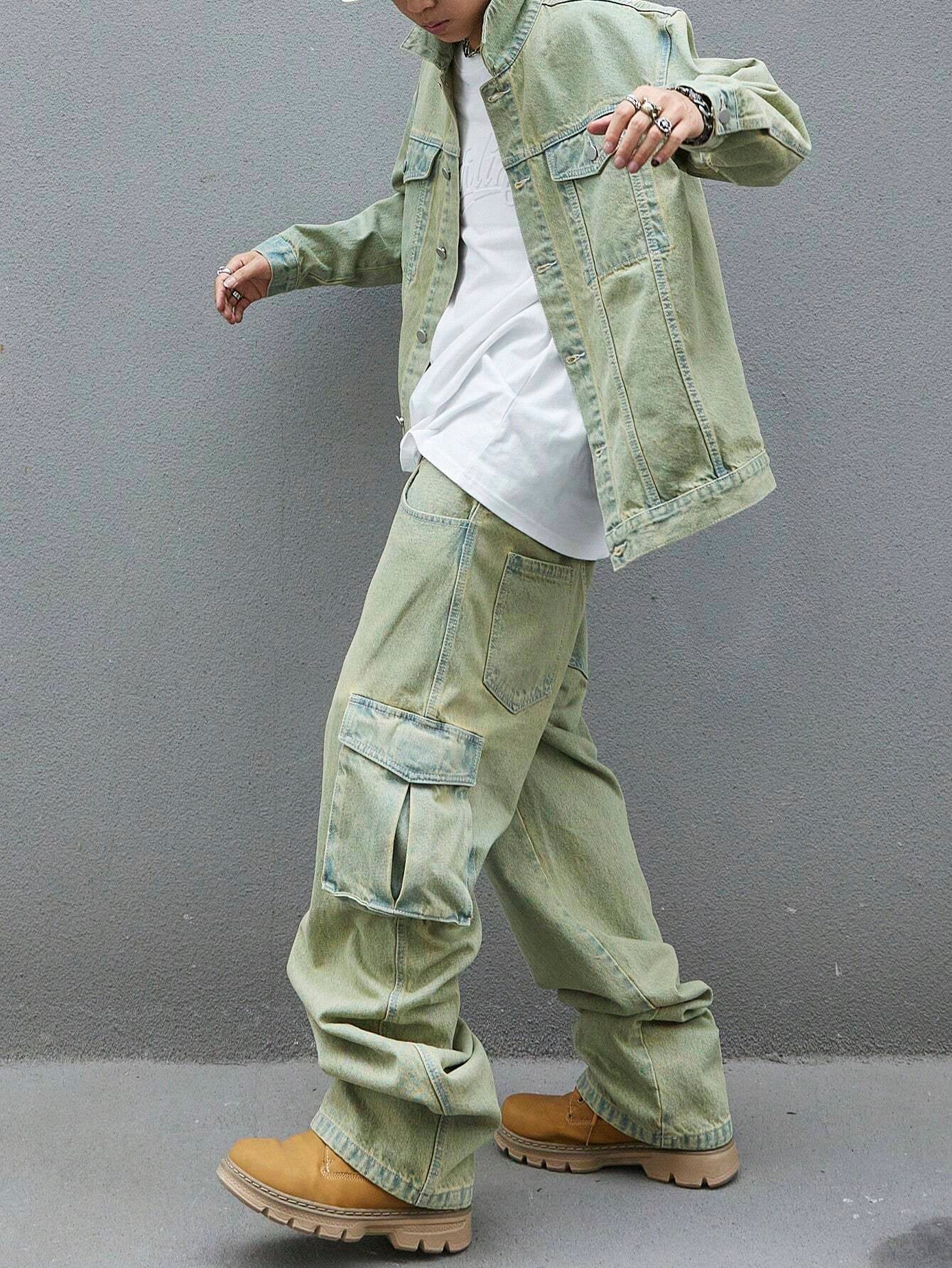 Manfinity EMRG Men'S Solid Color Simple Daily Style Long Sleeve Denim Set