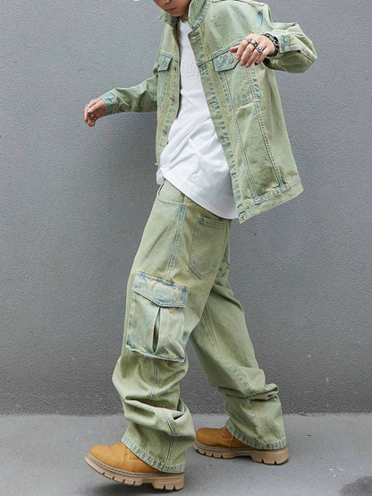 Manfinity EMRG Men'S Solid Color Simple Daily Style Long Sleeve Denim Set