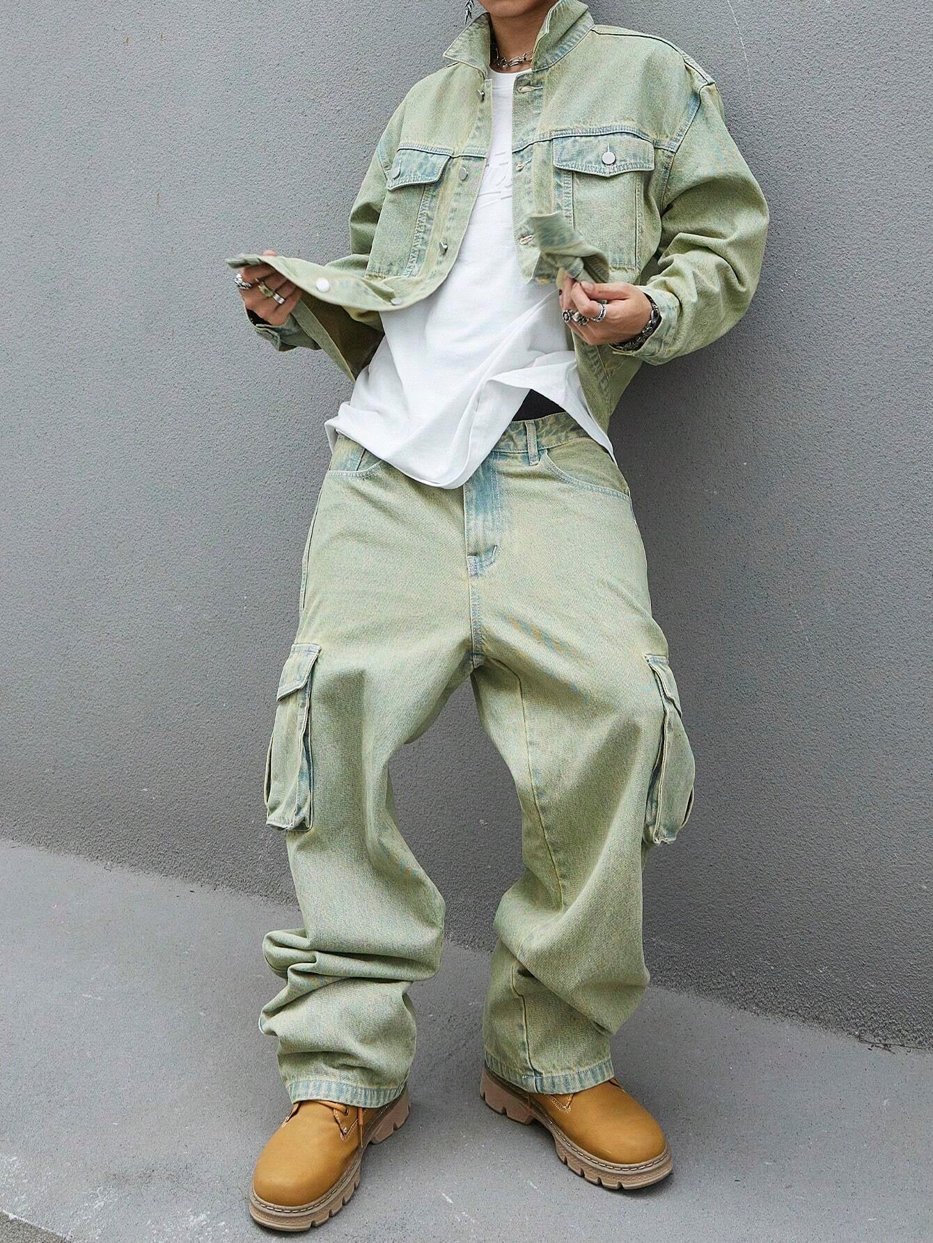 Manfinity EMRG Men'S Solid Color Simple Daily Style Long Sleeve Denim Set