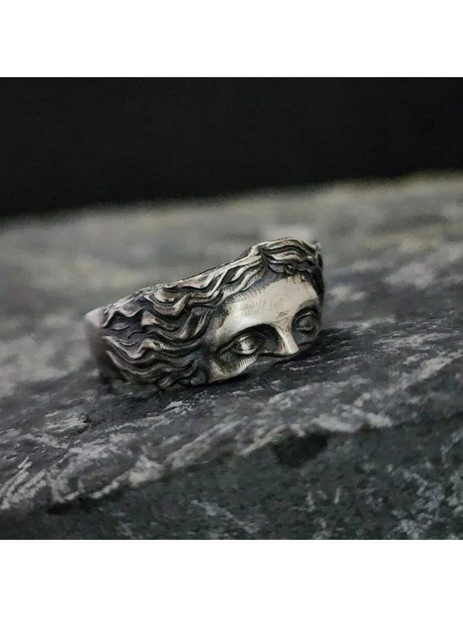 1Pc Vintage Punk Style Men Aluminum Alloy Half-Face Open Ring, Suitable for Daily Wear