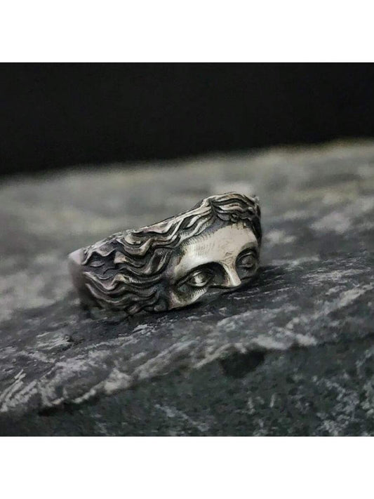 1Pc Vintage Punk Style Men Aluminum Alloy Half-Face Open Ring, Suitable for Daily Wear