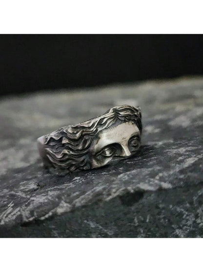 1Pc Vintage Punk Style Men Aluminum Alloy Half-Face Open Ring, Suitable for Daily Wear