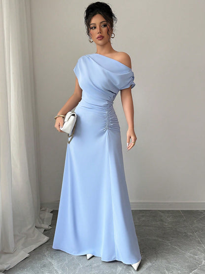 Elenzga Women'S Solid Color Elegant Ruched Waist Asymmetrical Neck Dress