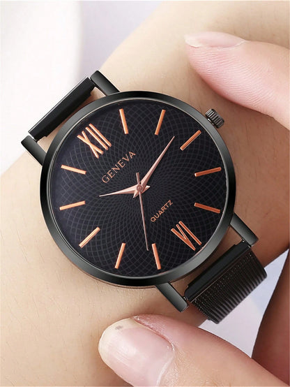 1Pc Women Watch Black Stainless Steel Strap Casual round Dial Quartz Watch, for Daily Life as a Gift for Students Returning to School