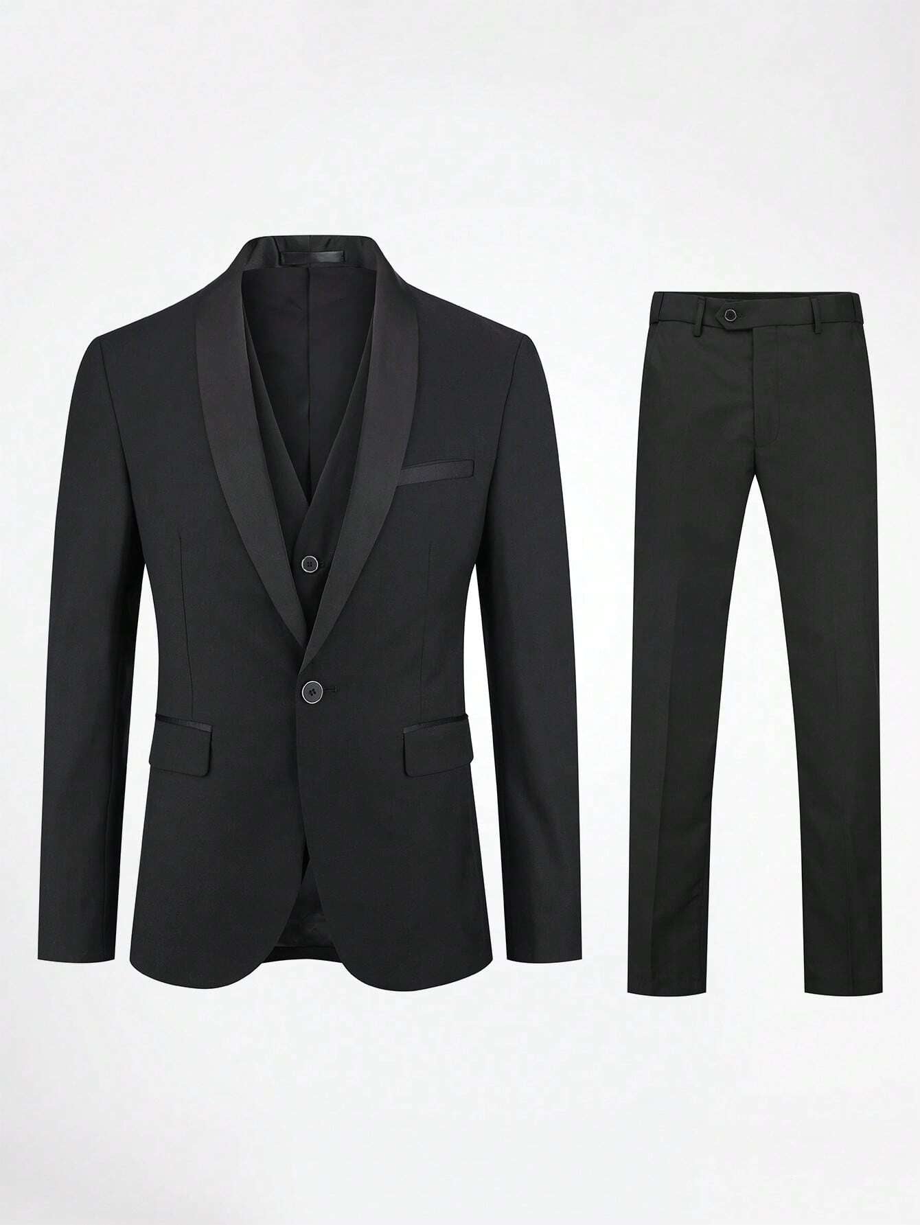 CLOUDSTYLE Men Flap Detail Blazer & Vest & Pants Suit Set
