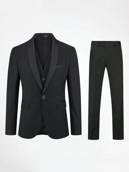 CLOUDSTYLE Men Flap Detail Blazer & Vest & Pants Suit Set