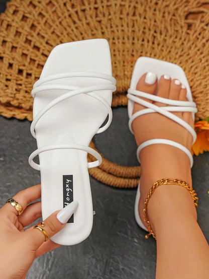 Planare Fashionable Outdoors White Flat Slippers for Women, Criss Cross Plain Artificial Leather Open Toe Slide Sandals