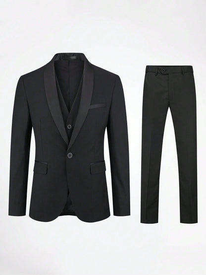 CLOUDSTYLE Men Flap Detail Blazer & Vest & Pants Suit Set