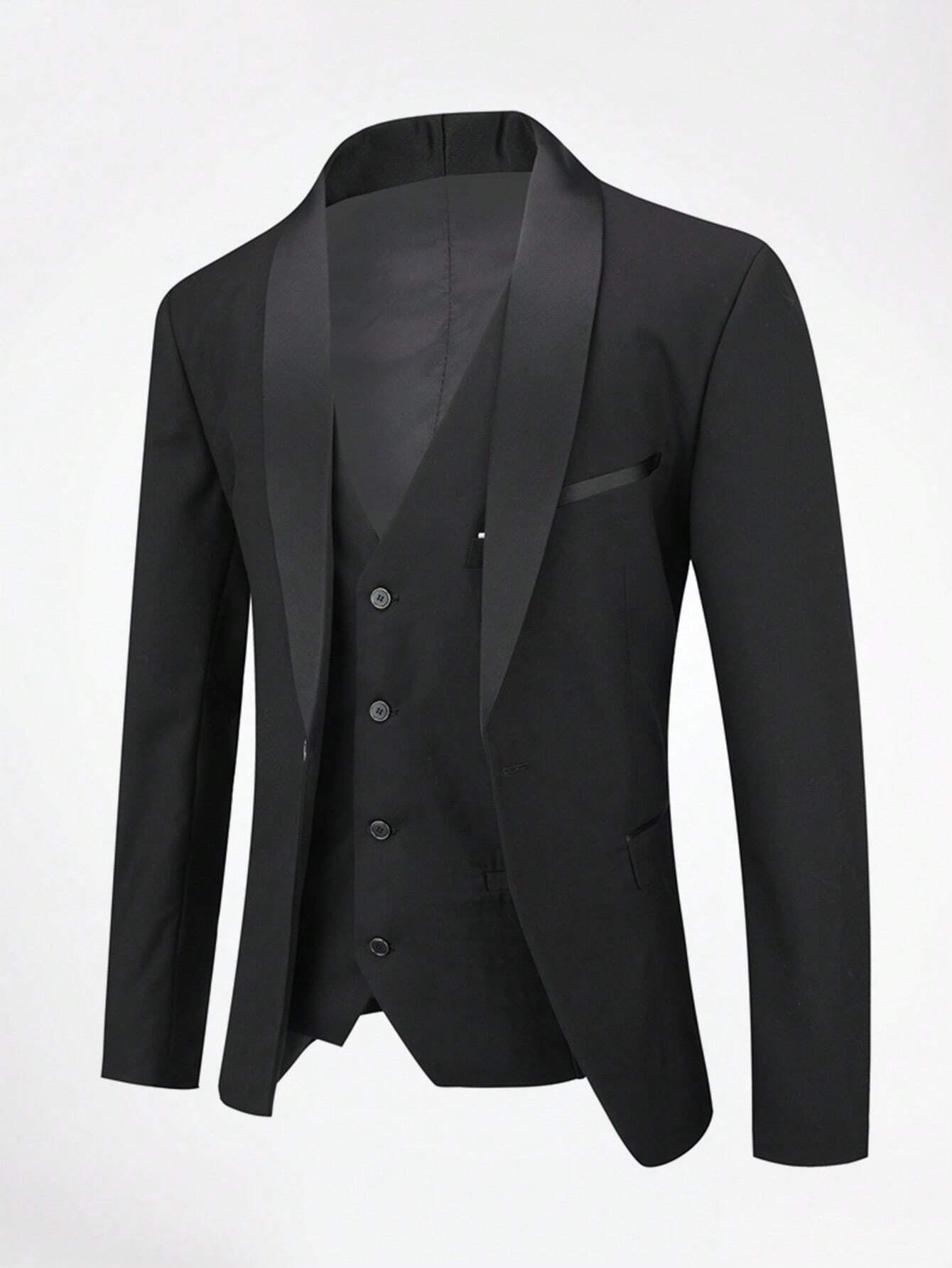 CLOUDSTYLE Men Flap Detail Blazer & Vest & Pants Suit Set