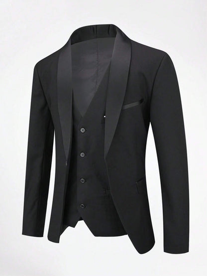 CLOUDSTYLE Men Flap Detail Blazer & Vest & Pants Suit Set