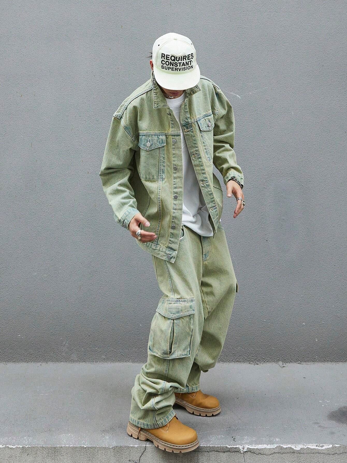 Manfinity EMRG Men'S Solid Color Simple Daily Style Long Sleeve Denim Set