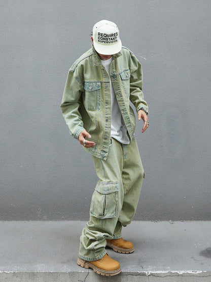 Manfinity EMRG Men'S Solid Color Simple Daily Style Long Sleeve Denim Set