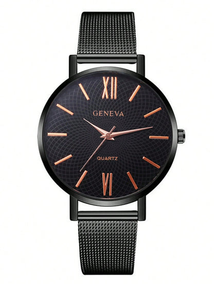 1Pc Women Watch Black Stainless Steel Strap Casual round Dial Quartz Watch, for Daily Life as a Gift for Students Returning to School