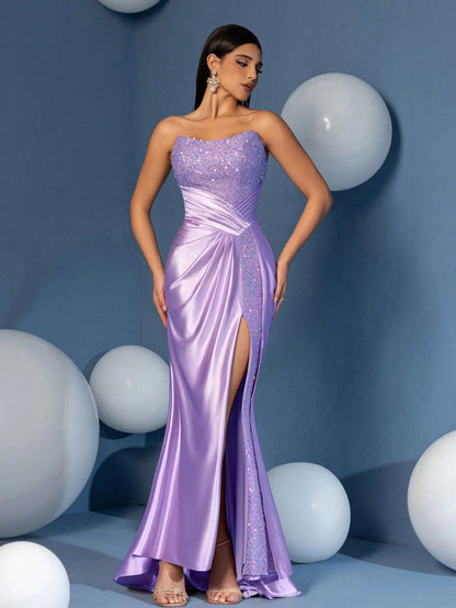 Taffeta Overlay Sequin Split Thigh Sheath Evening Woman Dress for Dinner and Parties, Party Dress Wedding Guest Dress Formal Dress