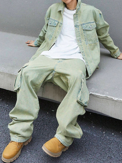 Manfinity EMRG Men'S Solid Color Simple Daily Style Long Sleeve Denim Set