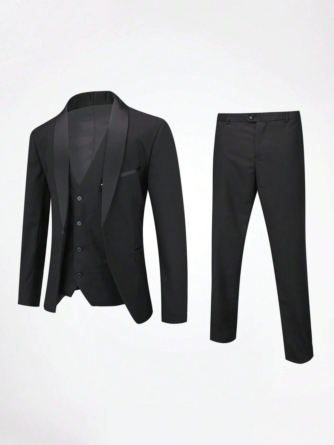 CLOUDSTYLE Men Flap Detail Blazer & Vest & Pants Suit Set