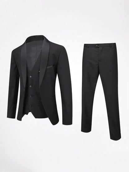 CLOUDSTYLE Men Flap Detail Blazer & Vest & Pants Suit Set