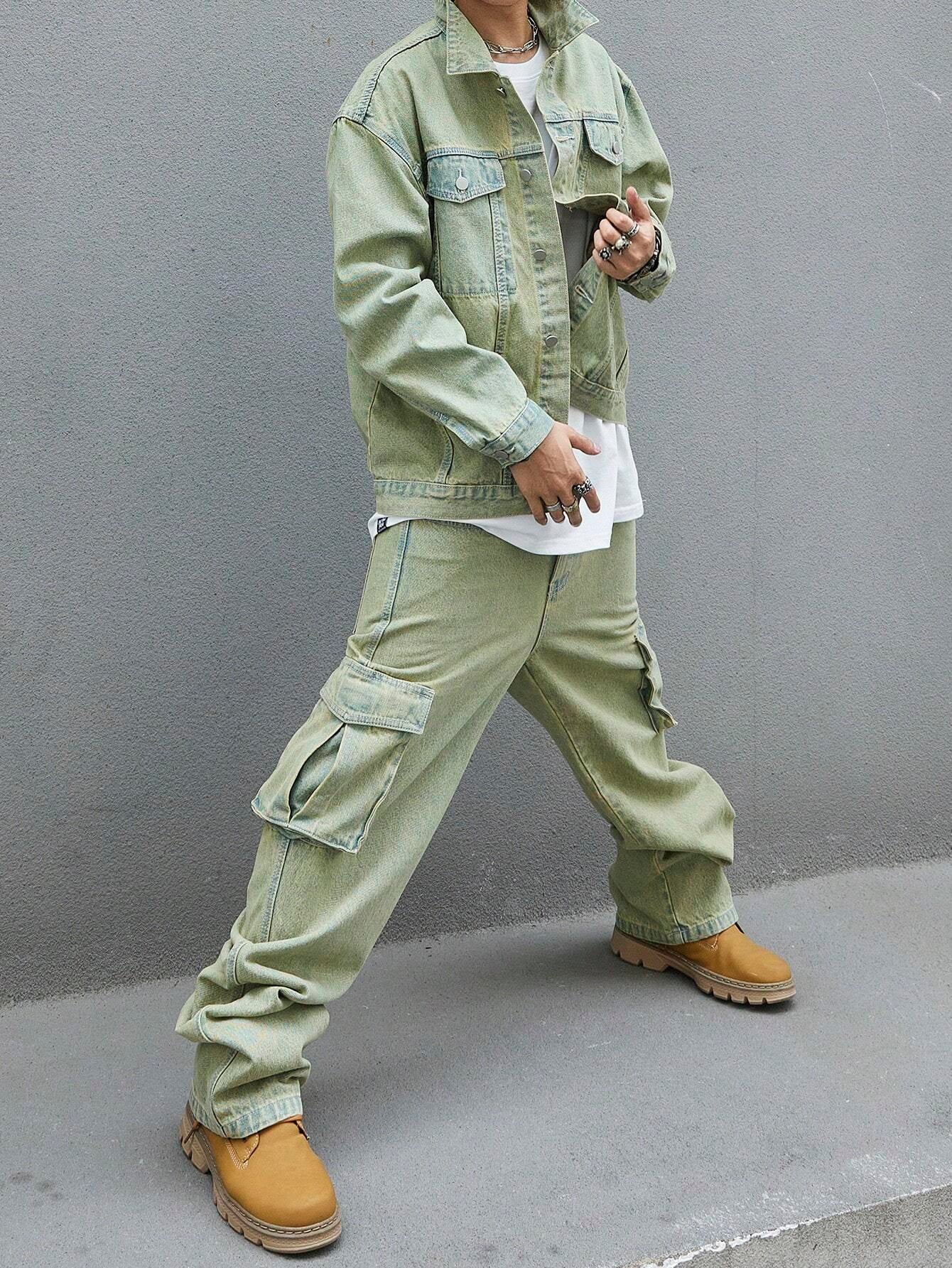 Manfinity EMRG Men'S Solid Color Simple Daily Style Long Sleeve Denim Set