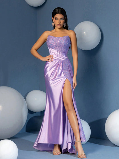 Taffeta Overlay Sequin Split Thigh Sheath Evening Woman Dress for Dinner and Parties, Party Dress Wedding Guest Dress Formal Dress