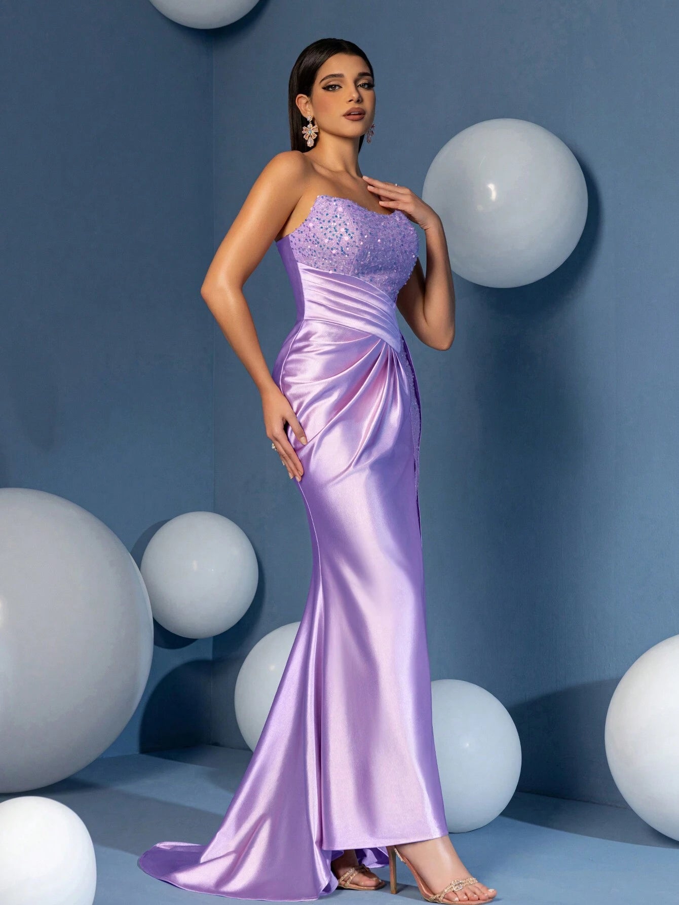 Taffeta Overlay Sequin Split Thigh Sheath Evening Woman Dress for Dinner and Parties, Party Dress Wedding Guest Dress Formal Dress