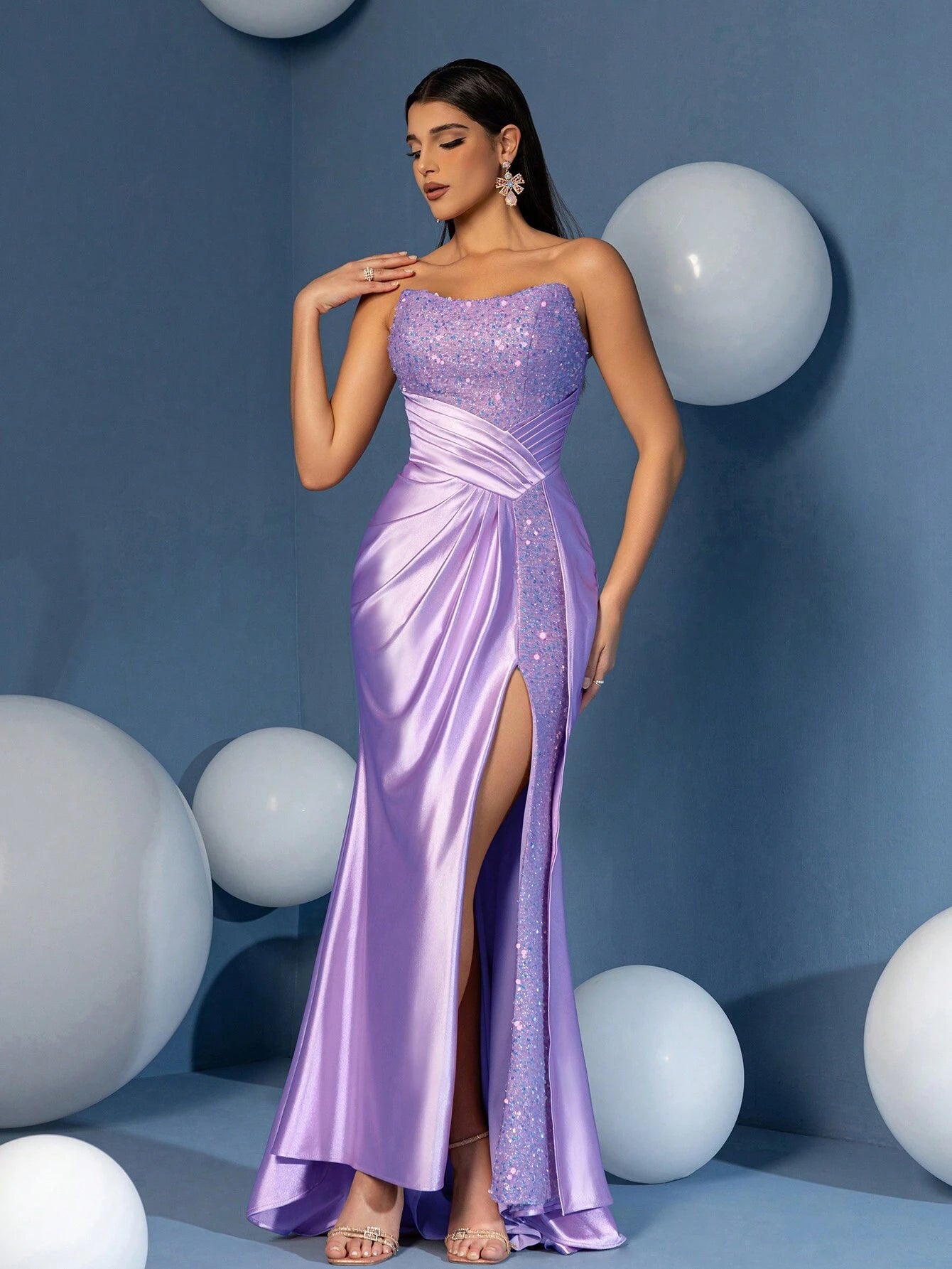 Taffeta Overlay Sequin Split Thigh Sheath Evening Woman Dress for Dinner and Parties, Party Dress Wedding Guest Dress Formal Dress