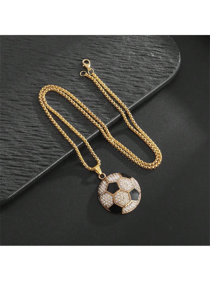 A and Hip Hop Sparkling Cubic Zirconia Soccer Pendant Necklace, Suitable for Party, Daily Wear, Sports Style, and Versatile Matching Accessories.