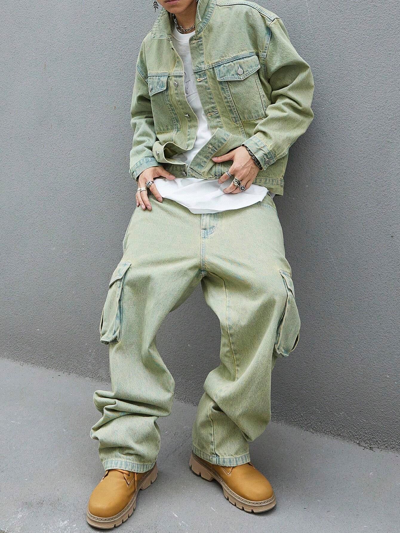 Manfinity EMRG Men'S Solid Color Simple Daily Style Long Sleeve Denim Set