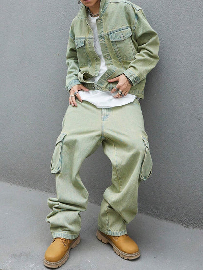 Manfinity EMRG Men'S Solid Color Simple Daily Style Long Sleeve Denim Set