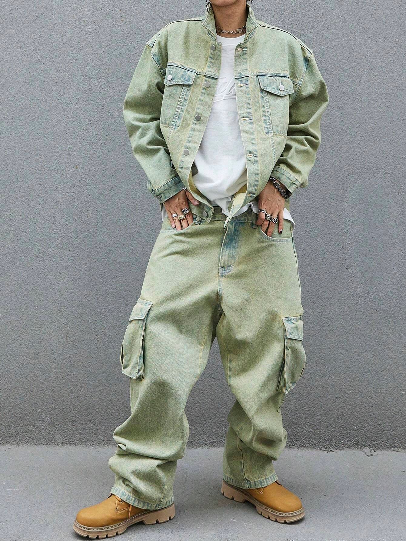 Manfinity EMRG Men'S Solid Color Simple Daily Style Long Sleeve Denim Set