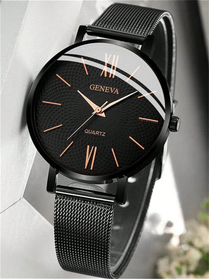 1Pc Women Watch Black Stainless Steel Strap Casual round Dial Quartz Watch, for Daily Life as a Gift for Students Returning to School
