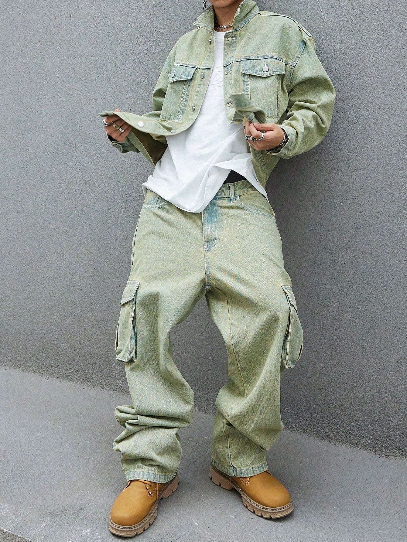 Manfinity EMRG Men'S Solid Color Simple Daily Style Long Sleeve Denim Set