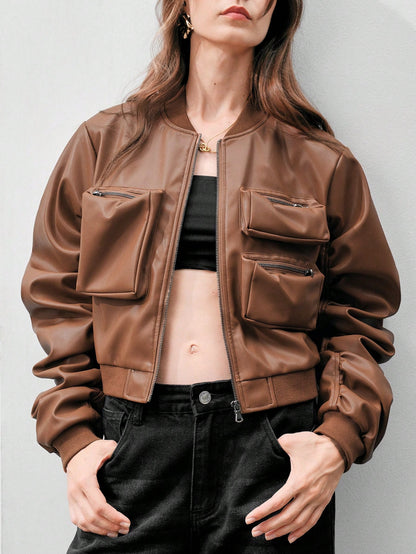 Anewsta Women'S Multi-Pocket Design Baseball Collar Jacket