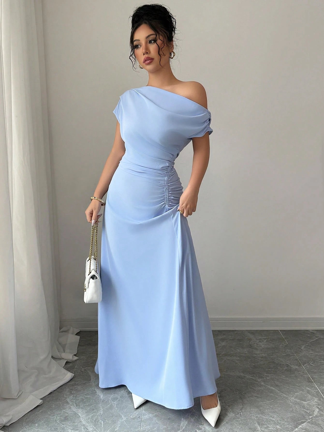 Elenzga Women'S Solid Color Elegant Ruched Waist Asymmetrical Neck Dress