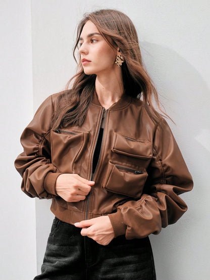 Anewsta Women'S Multi-Pocket Design Baseball Collar Jacket