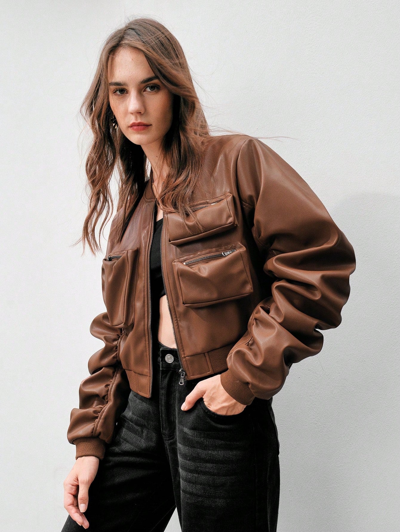 Anewsta Women'S Multi-Pocket Design Baseball Collar Jacket